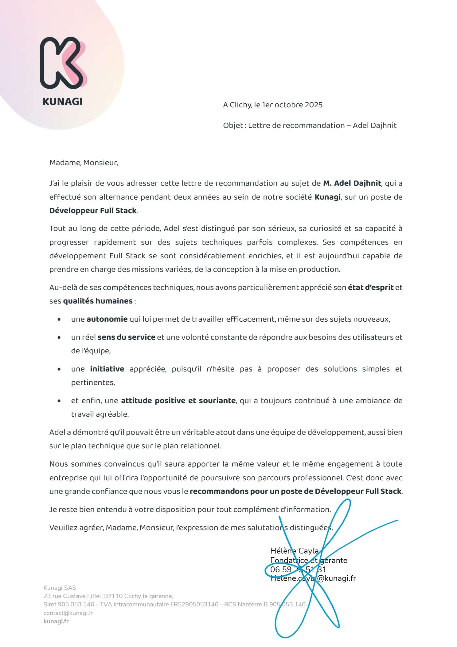 Première page de la lettre de recommandation d'Hélène Cayla, fondatrice de Kunagi